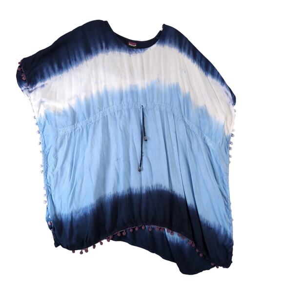 Emily Stacy Blue Tie Dye Coverall Tunic Top Women's OSFA Drawstring Pom Fringe - Picture 1 of 10